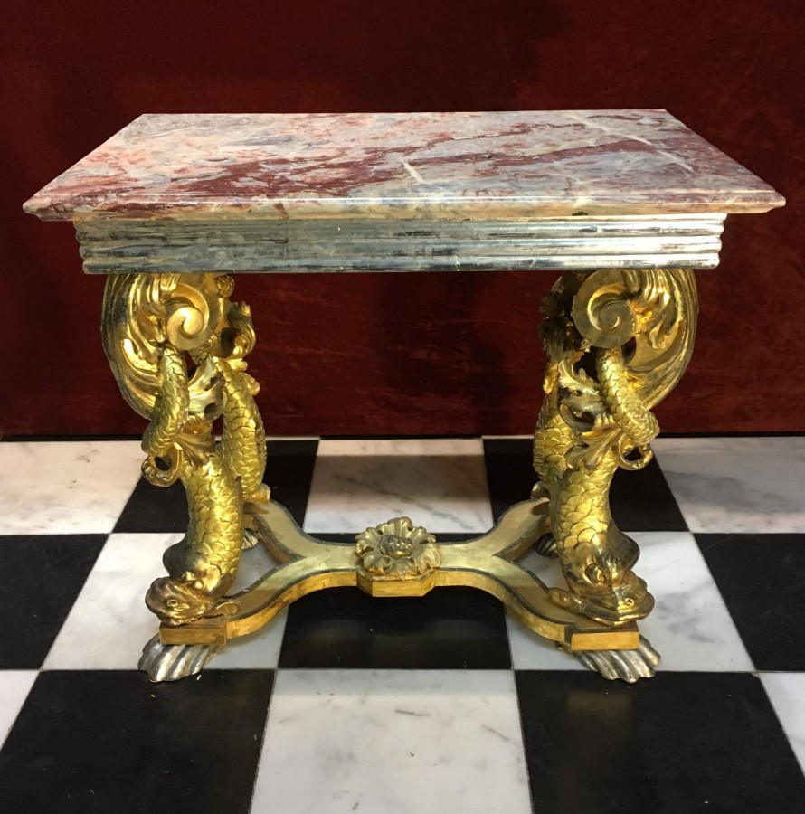 A Very Beautiful Mid 18th Century Italian Table Four Dolphin Shaped Feet Richly Carved In Wood Beautiful Veneer With Gold Leaf And Silver Leaf The Tray Is In Original Marble Fior Di Pesco