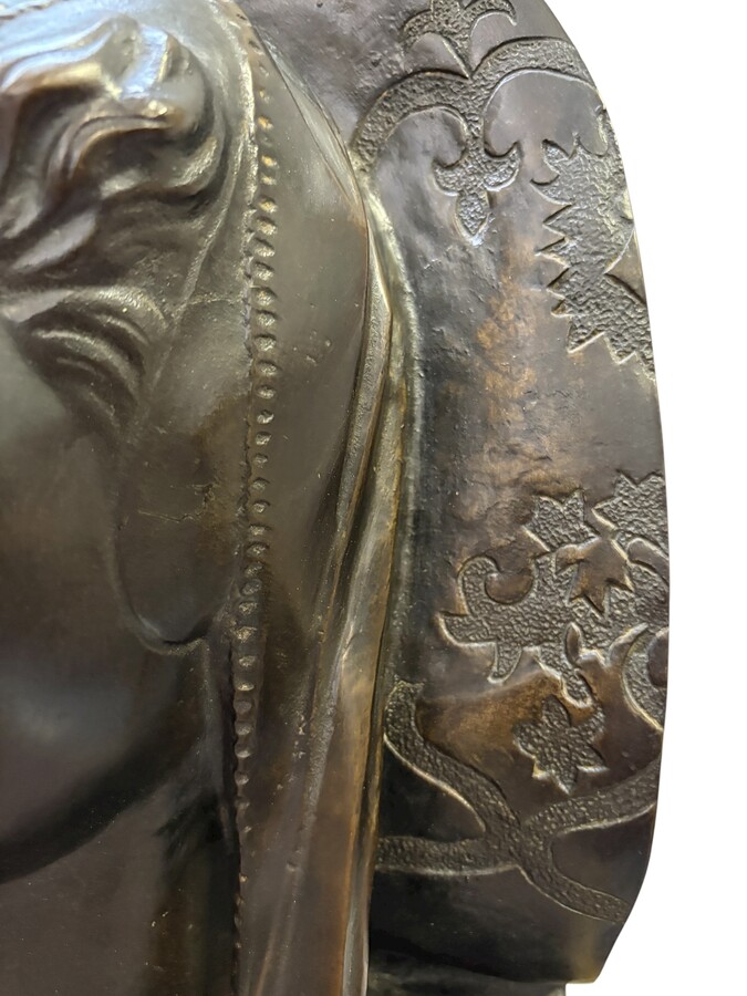 Bas-relief depicting a noble lady in bronze after Donatello, 1880–1900 Brown patinated bronze bas-relief depicting a noble Burgundian lady with the inscription DONATELLO on the side (circa 1386-1466) 