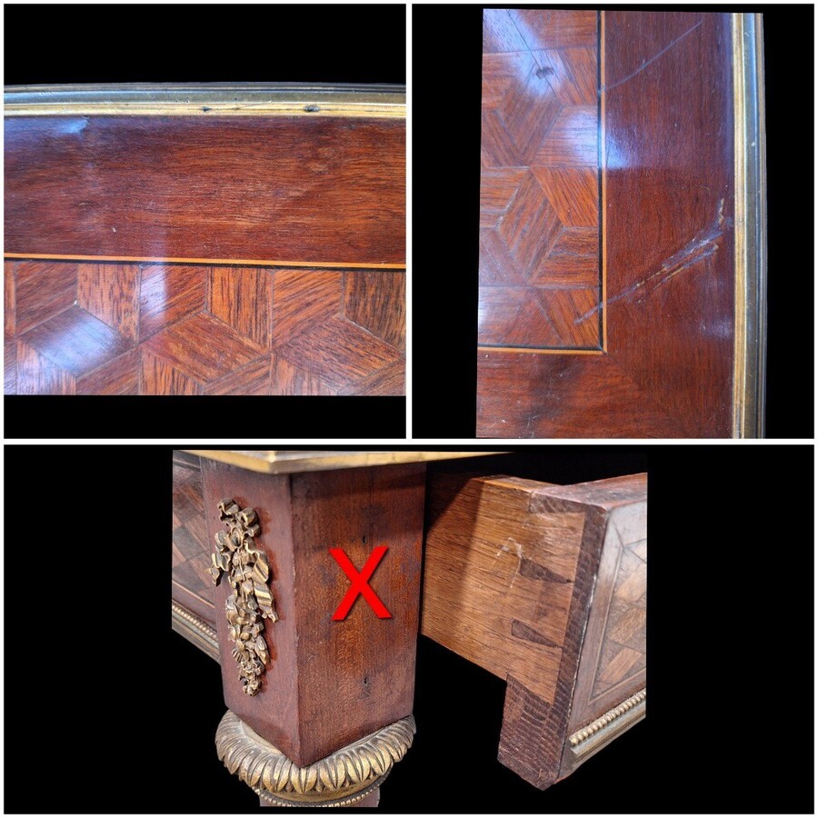 Beautiful Louis XVI style coffee table/desk after Jean-Henri Riesener, 19th century. High-quality desk with parquet top, equipped with a large drawer and decorated with very refined bronze decorations and ornaments.