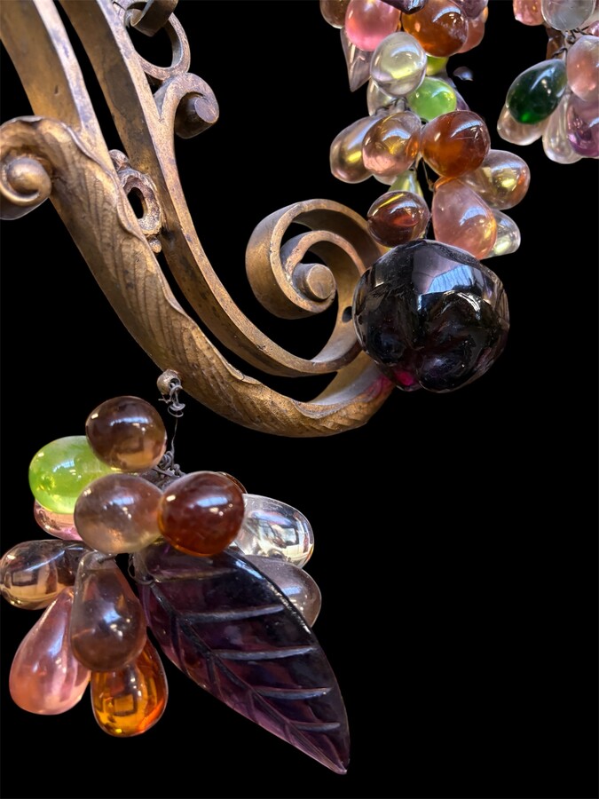 Bronze chandelier with glass fruit decorations 19th century Pretty ormolu chandelier decorated with an openwork basket and all sorts of coloured glass fruit. The chandelier has a total of 6 light points (electricity to be renewed). 