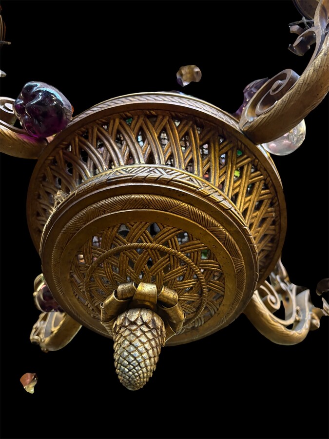 Bronze chandelier with glass fruit decorations 19th century Pretty ormolu chandelier decorated with an openwork basket and all sorts of coloured glass fruit. The chandelier has a total of 6 light points (electricity to be renewed). 