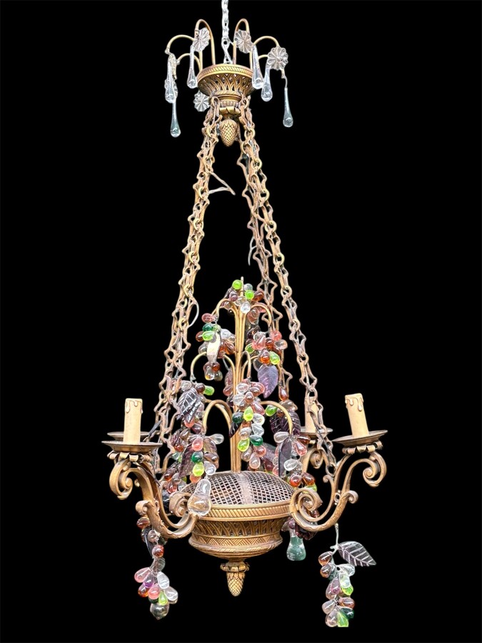 Bronze chandelier with glass fruit decorations 19th century Pretty ormolu chandelier decorated with an openwork basket and all sorts of coloured glass fruit. The chandelier has a total of 6 light points (electricity to be renewed). 