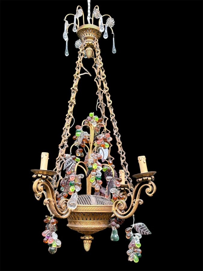 Bronze chandelier with glass fruit decorations 19th century Pretty ormolu chandelier decorated with an openwork basket and all sorts of coloured glass fruit. The chandelier has a total of 6 light points (electricity to be renewed). 