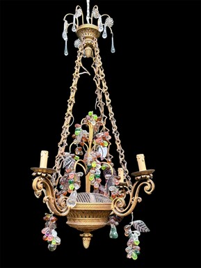 Bronze chandelier with glass fruit decorations 19th century Pretty ormolu chandelier decorated with an openwork basket and all sorts of coloured glass fruit. The chandelier has a total of 6 light points (electricity to be renewed). 