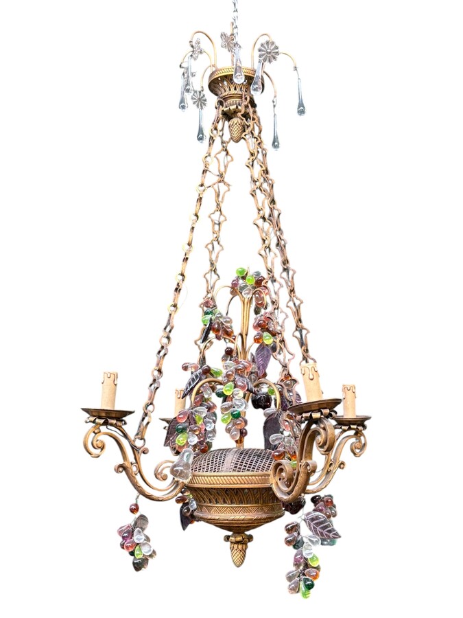 Bronze chandelier with glass fruit decorations 19th century Pretty ormolu chandelier decorated with an openwork basket and all sorts of coloured glass fruit. The chandelier has a total of 6 light points (electricity to be renewed). 