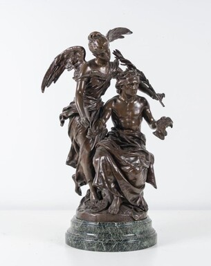 Bronze sculpture ‘Allegory of the Arts’ by Henri Plé 19th century. Double sculpture in bronze with brown patina resting on a marble base ( old restoration ) Signed by Henri Honore Plé ( Paris 1853-1922 )