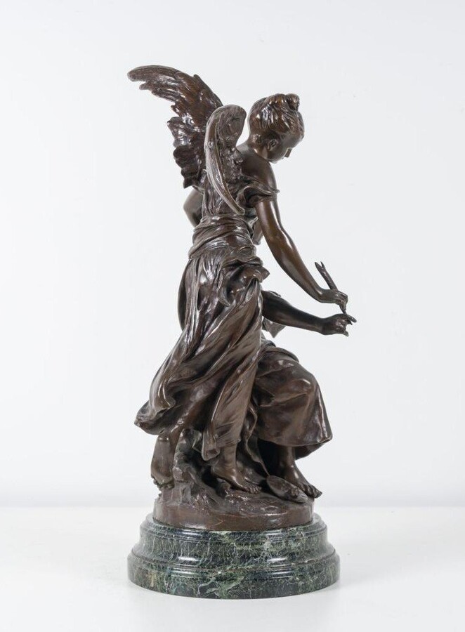 Bronze sculpture ‘Allegory of the Arts’ by Henri Plé 19th century. Double sculpture in bronze with brown patina resting on a marble base ( old restoration ) Signed by Henri Honore Plé ( Paris 1853-1922 )