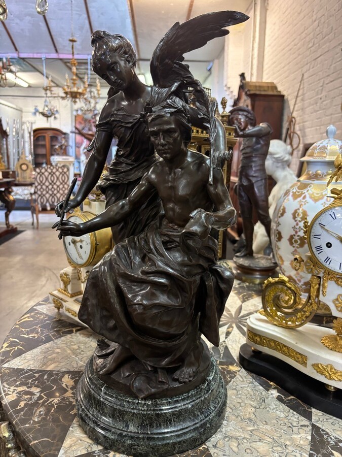Bronze sculpture ‘Allegory of the Arts’ by Henri Plé 19th century. Double sculpture in bronze with brown patina resting on a marble base ( old restoration ) Signed by Henri Honore Plé ( Paris 1853-1922 )