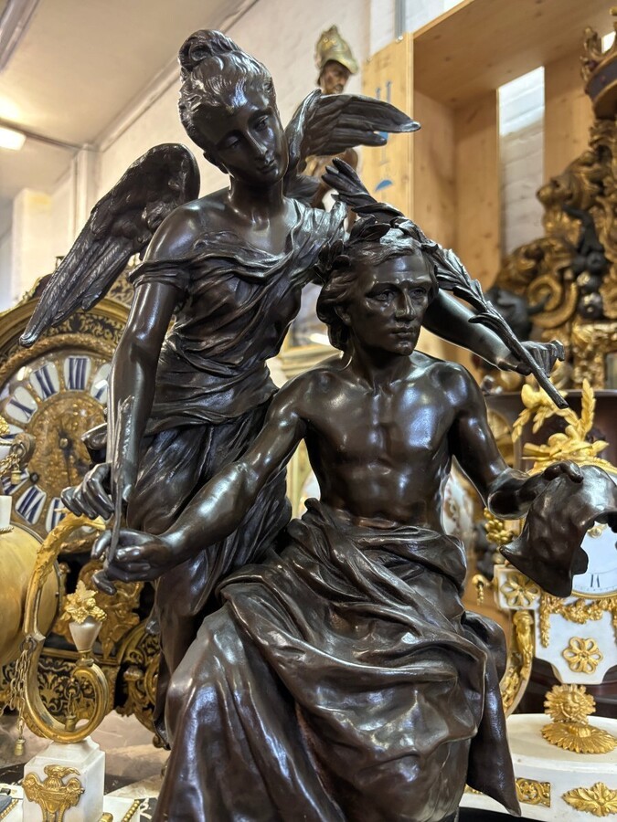 Bronze sculpture ‘Allegory of the Arts’ by Henri Plé 19th century. Double sculpture in bronze with brown patina resting on a marble base ( old restoration ) Signed by Henri Honore Plé ( Paris 1853-1922 )
