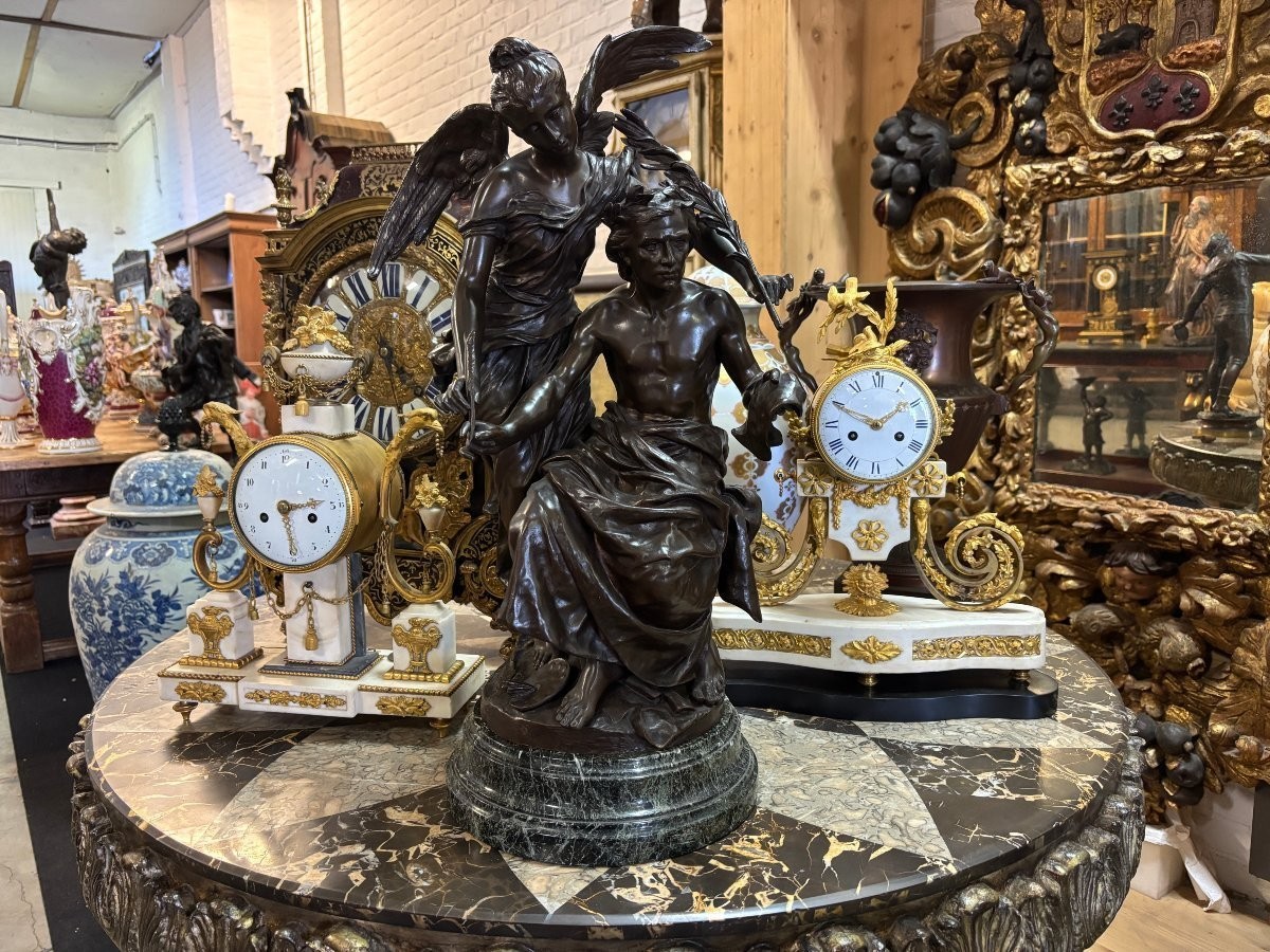 Bronze sculpture ‘Allegory of the Arts’ by Henri Plé 19th century. Double sculpture in bronze with brown patina resting on a marble base ( old restoration ) Signed by Henri Honore Plé ( Paris 1853-1922 )