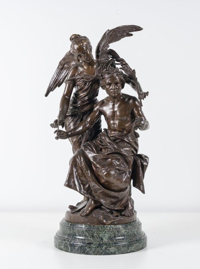 Bronze sculpture ‘Allegory of the Arts’ by Henri Plé 19th century. Double sculpture in bronze with brown patina resting on a marble base ( old restoration ) Signed by Henri Honore Plé ( Paris 1853-1922 )