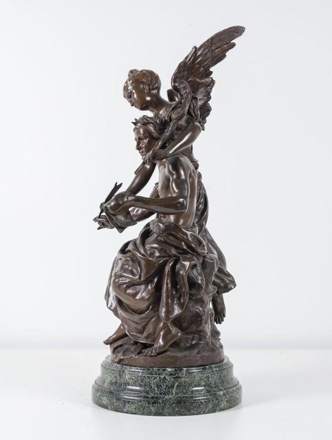 Bronze sculpture ‘Allegory of the Arts’ by Henri Plé 19th century. Double sculpture in bronze with brown patina resting on a marble base ( old restoration ) Signed by Henri Honore Plé ( Paris 1853-1922 )