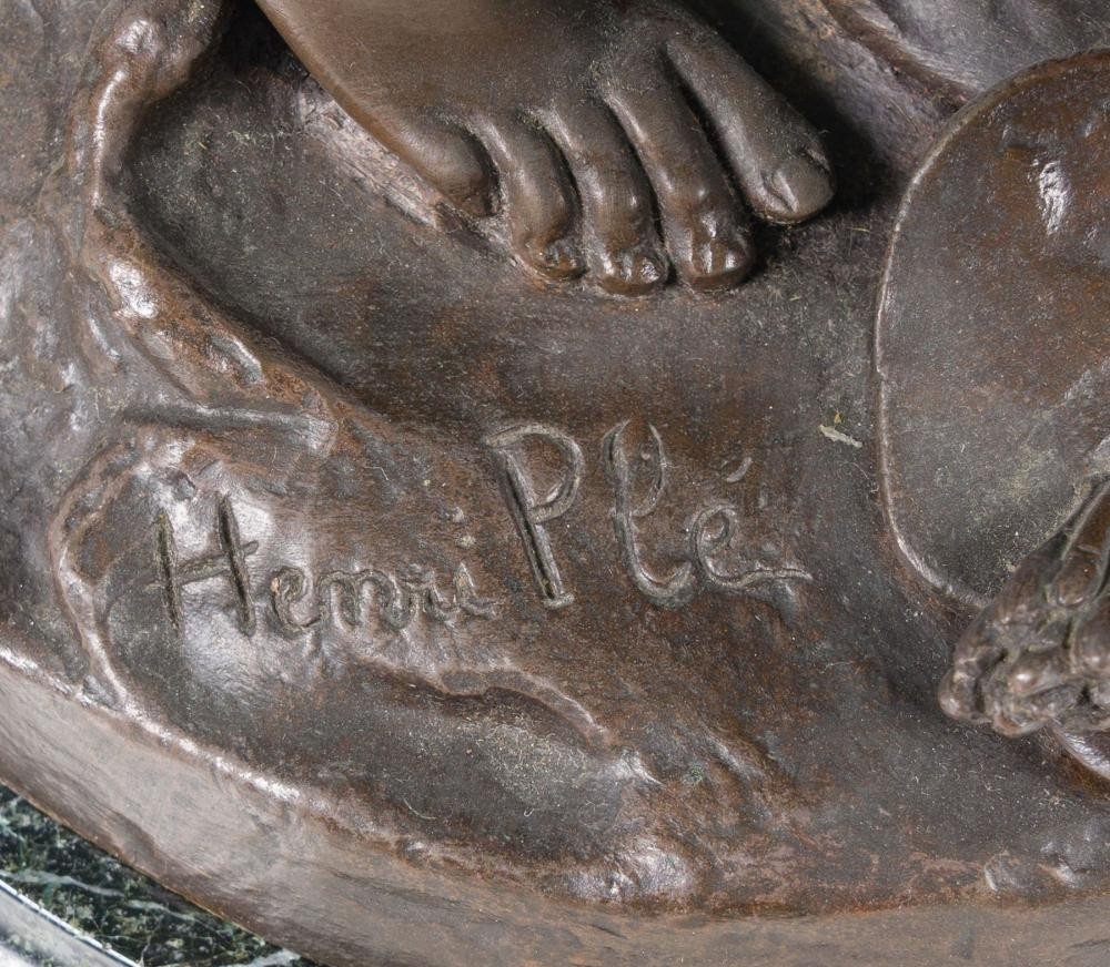 Bronze sculpture ‘Allegory of the Arts’ by Henri Plé 19th century. Double sculpture in bronze with brown patina resting on a marble base ( old restoration ) Signed by Henri Honore Plé ( Paris 1853-1922 )