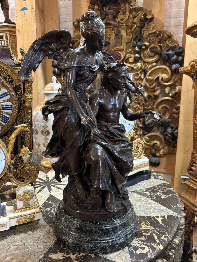 Bronze sculpture ‘Allegory of the Arts’ by Henri Plé 19th century. Double sculpture in bronze with brown patina resting on a marble base ( old restoration ) Signed by Henri Honore Plé ( Paris 1853-1922 )