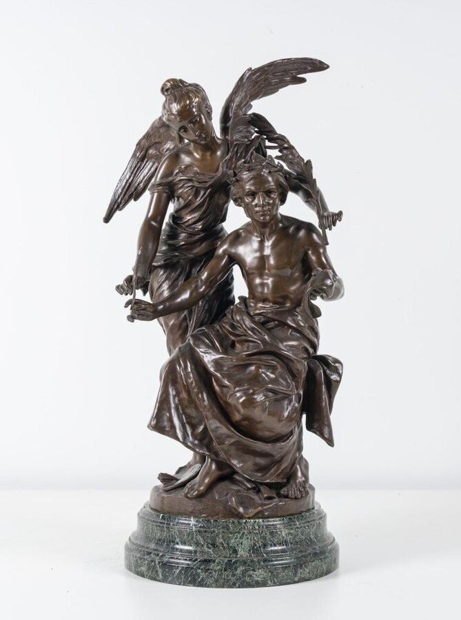Bronze sculpture ‘Allegory of the Arts’ by Henri Plé 19th century. Double sculpture in bronze with brown patina resting on a marble base ( old restoration ) Signed by Henri Honore Plé ( Paris 1853-1922 )