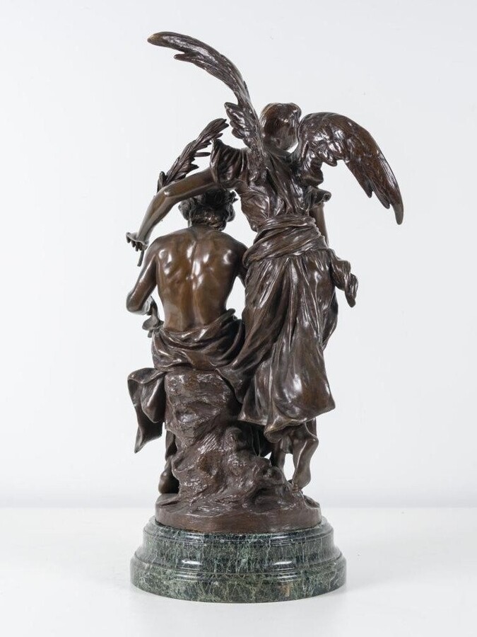 Bronze sculpture ‘Allegory of the Arts’ by Henri Plé 19th century. Double sculpture in bronze with brown patina resting on a marble base ( old restoration ) Signed by Henri Honore Plé ( Paris 1853-1922 )