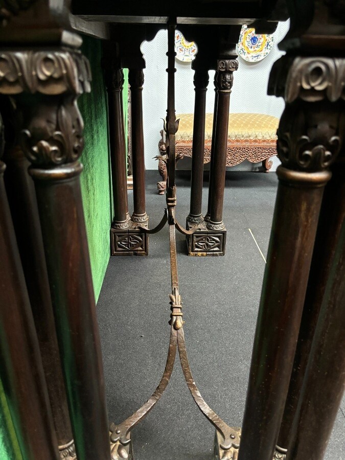 Decorative console/wall table in walnut 19thC. Special console with eagle sculptures in front and on both sides and fitted with 3 columns per leg. The 4 legs are connected with a wrought-iron decoration , the top is in marble Dimensions : Width : 131 cm