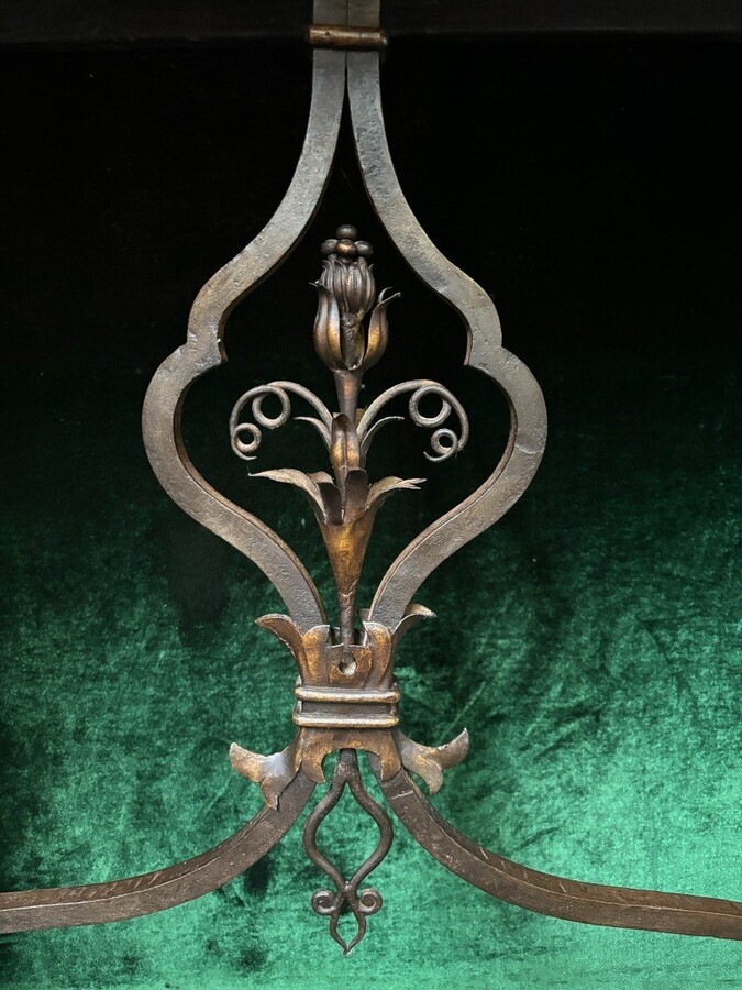 Decorative console/wall table in walnut 19thC. Special console with eagle sculptures in front and on both sides and fitted with 3 columns per leg. The 4 legs are connected with a wrought-iron decoration , the top is in marble Dimensions : Width : 131 cm