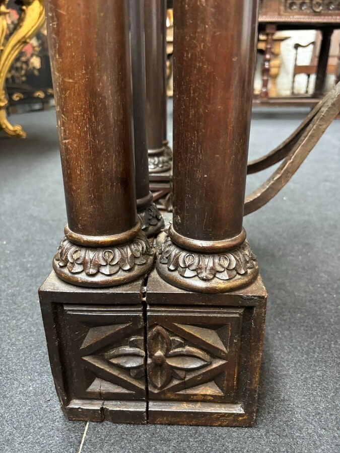 Decorative console/wall table in walnut 19thC. Special console with eagle sculptures in front and on both sides and fitted with 3 columns per leg. The 4 legs are connected with a wrought-iron decoration , the top is in marble Dimensions : Width : 131 cm
