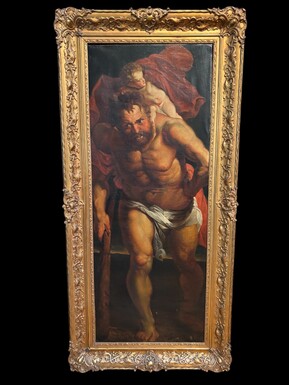 Decorative painting ‘Christopher and Christ’ oil on canvas early 19th century. Based on an example of a work by Peter Paul Rubens, Christopher and Christ, 1612-1614, which is in the Cathedral of Our Lady of Antwerp