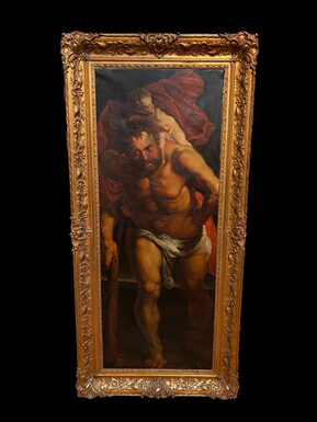Decorative painting ‘Christopher and Christ’ oil on canvas early 19th century. Based on an example of a work by Peter Paul Rubens, Christopher and Christ, 1612-1614, which is in the Cathedral of Our Lady of Antwerp