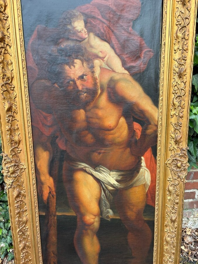 Decorative painting ‘Christopher and Christ’ oil on canvas early 19th century. Based on an example of a work by Peter Paul Rubens, Christopher and Christ, 1612-1614, which is in the Cathedral of Our Lady of Antwerp