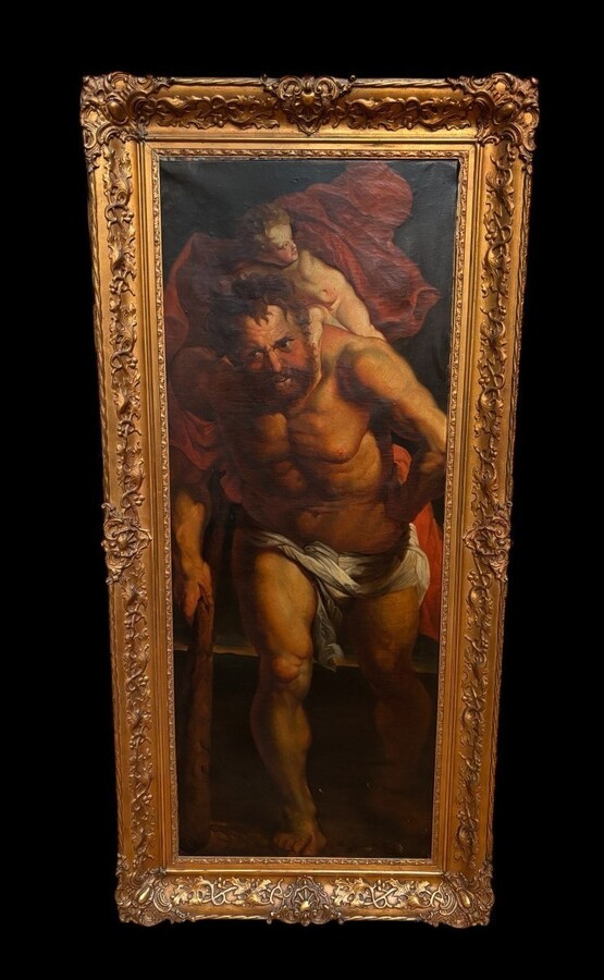 Decorative painting ‘Christopher and Christ’ oil on canvas early 19th century. Based on an example of a work by Peter Paul Rubens, Christopher and Christ, 1612-1614, which is in the Cathedral of Our Lady of Antwerp