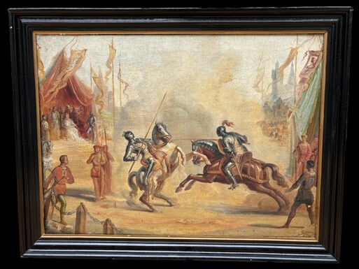 Decorative painting ‘ Knights fighting on horseback ’ early 19th century. Nice painting oil on canvas depicting a scene of fighting knights on horseback supervised by a queen in a royal tent with bodyguards