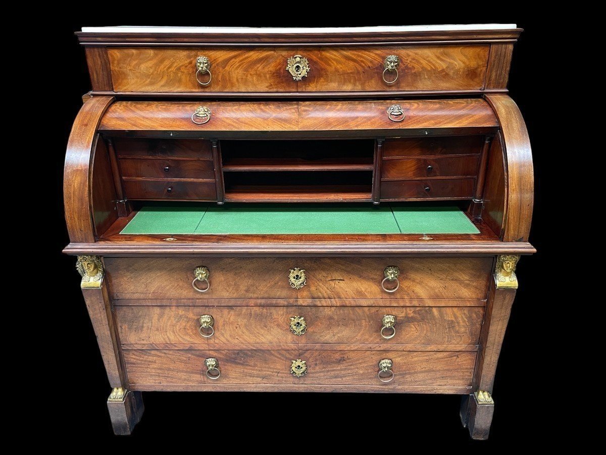 Empire desk made by cabinetmaker Jean-Joseph Chapuis ( 1765-1864 ) in good condition. The legs could use a small restoration. The desk has a white marble top and 2 extensions of 45 cm left and right.