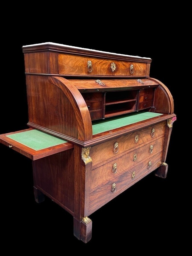 Empire desk made by cabinetmaker Jean-Joseph Chapuis ( 1765-1864 ) in good condition. The legs could use a small restoration. The desk has a white marble top and 2 extensions of 45 cm left and right.
