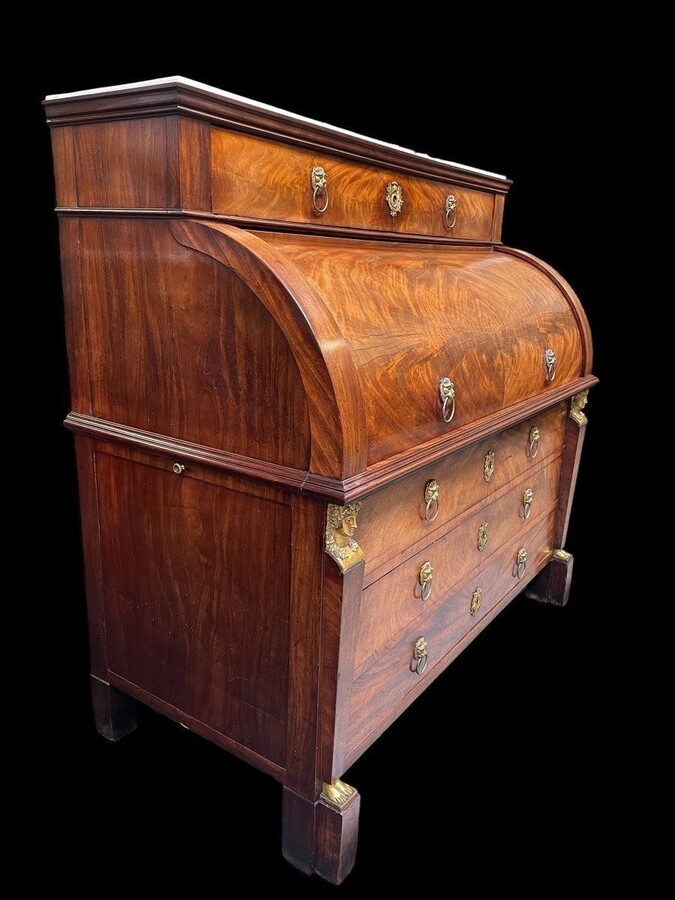 Empire desk made by cabinetmaker Jean-Joseph Chapuis ( 1765-1864 ) in good condition. The legs could use a small restoration. The desk has a white marble top and 2 extensions of 45 cm left and right.