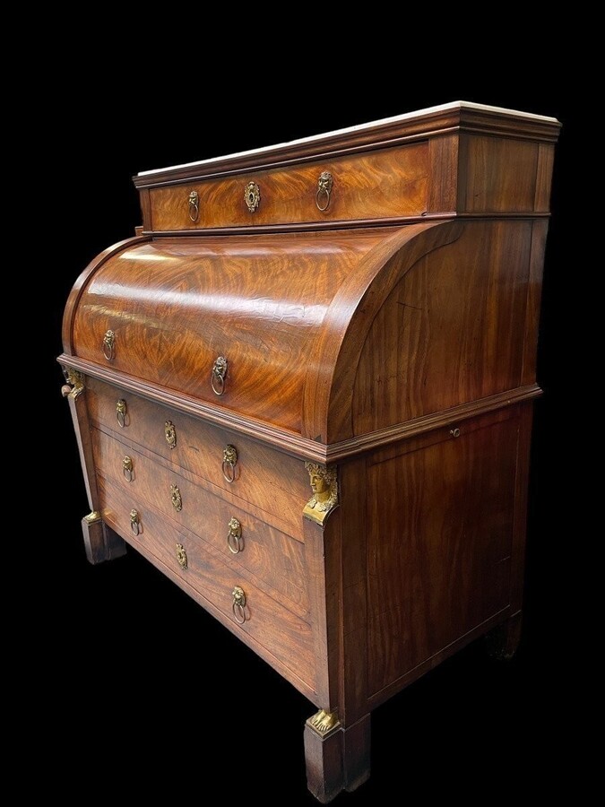 Empire desk made by cabinetmaker Jean-Joseph Chapuis ( 1765-1864 ) in good condition. The legs could use a small restoration. The desk has a white marble top and 2 extensions of 45 cm left and right.