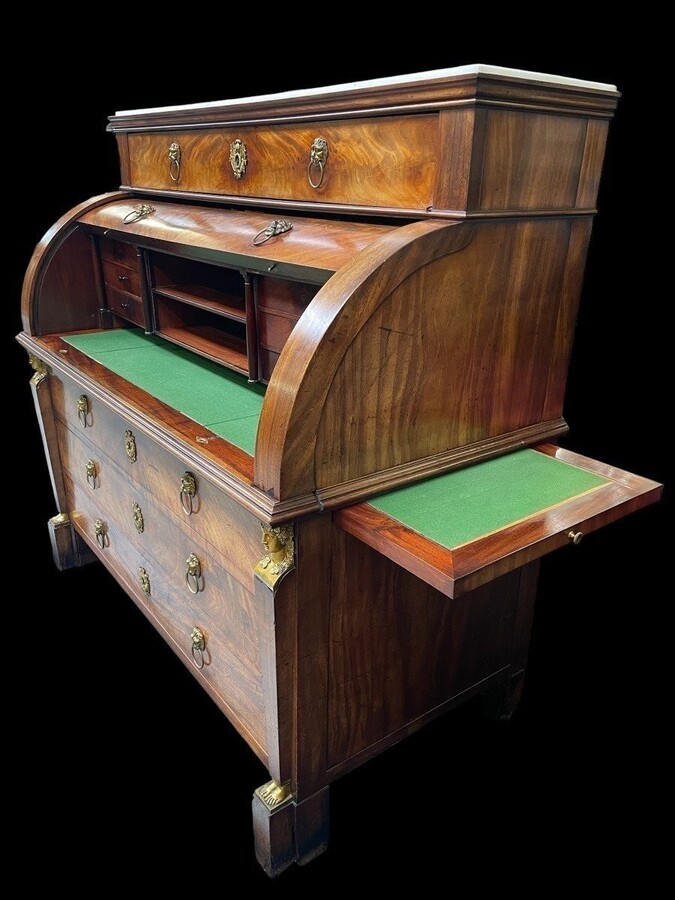 Empire desk made by cabinetmaker Jean-Joseph Chapuis ( 1765-1864 ) in good condition. The legs could use a small restoration. The desk has a white marble top and 2 extensions of 45 cm left and right.