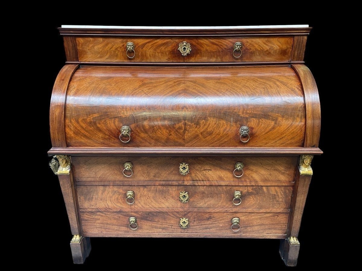 Empire desk made by cabinetmaker Jean-Joseph Chapuis ( 1765-1864 ) in good condition. The legs could use a small restoration. The desk has a white marble top and 2 extensions of 45 cm left and right.
