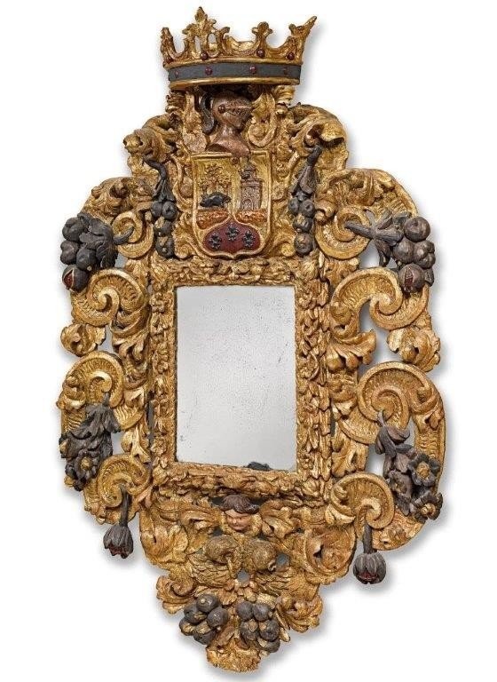 Exceptional, large Baroque castle mirror from the 17th century. Large sculpted mirror with a coat of arms cartouche. Baroque, Italy, 17th century. Height: 210 cm, width: 143 cm