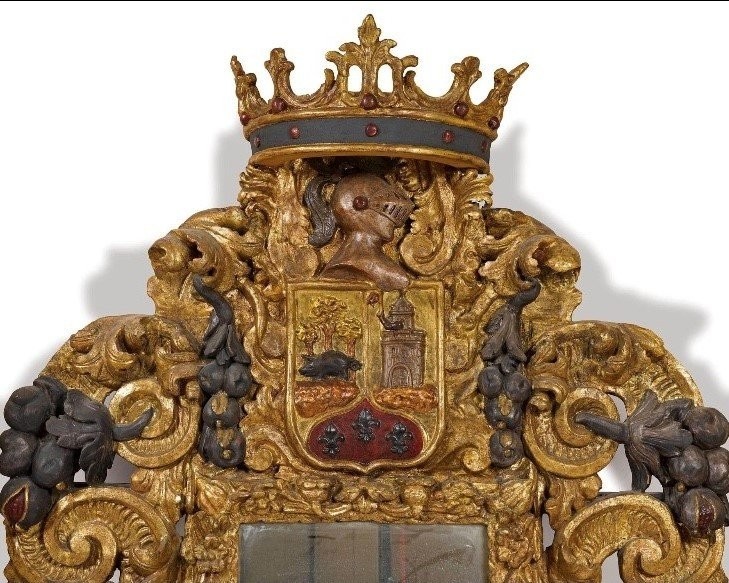 Exceptional, large Baroque castle mirror from the 17th century. Large sculpted mirror with a coat of arms cartouche. Baroque, Italy, 17th century. Height: 210 cm, width: 143 cm