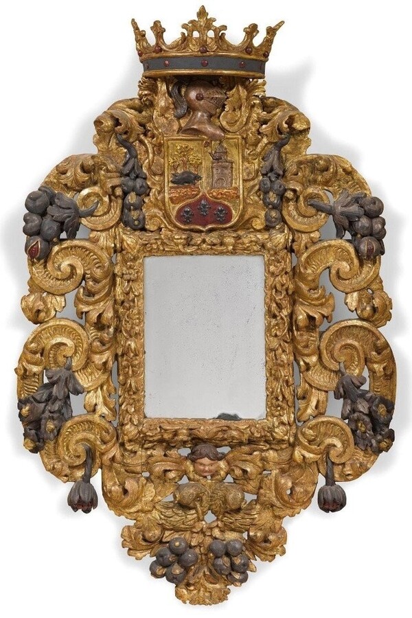 Exceptional, large Baroque castle mirror from the 17th century. Large sculpted mirror with a coat of arms cartouche. Baroque, Italy, 17th century. Height: 210 cm, width: 143 cm