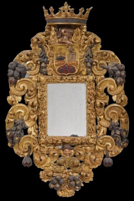 Exceptional, large Baroque castle mirror from the 17th century. Large sculpted mirror with a coat of arms cartouche. Baroque, Italy, 17th century. Height: 210 cm, width: 143 cm