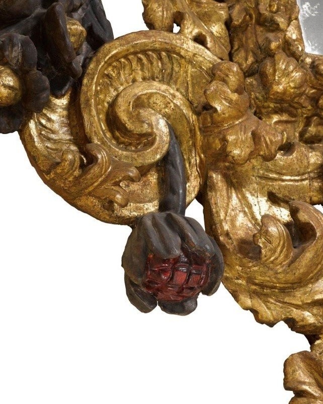 Exceptional, large Baroque castle mirror from the 17th century. Large sculpted mirror with a coat of arms cartouche. Baroque, Italy, 17th century. Height: 210 cm, width: 143 cm