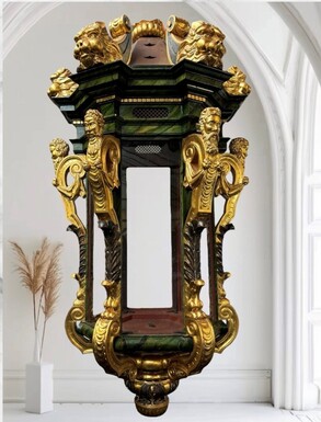 Giant carved, painted and gilded wooden ship's lantern based on a 17th century model ( 181 cm high ! ) Magnificent large lantern made in the 20th century based on a 17th century model of a Dutch VOC sailing ship.