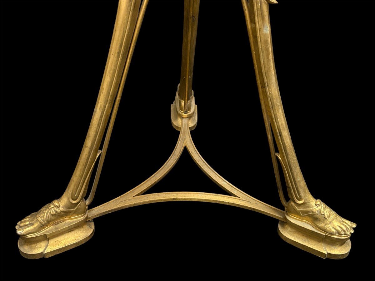 Gilded bronze pedestal table signed F. Barbedienne, 19th century. A rare, high-quality pedestal table decorated with three female figures on a base and featuring a coloured marble top. The table is signed by F. Barbedienne on the base.