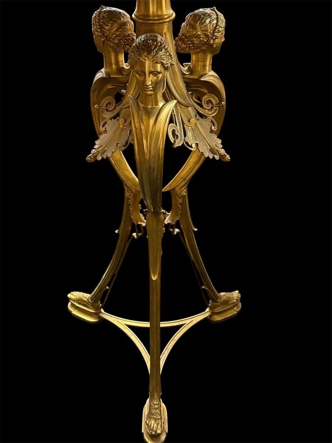 Gilded bronze pedestal table signed F. Barbedienne, 19th century. A rare, high-quality pedestal table decorated with three female figures on a base and featuring a coloured marble top. The table is signed by F. Barbedienne on the base.