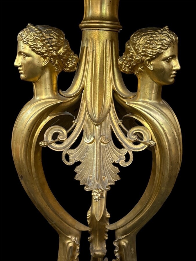 Gilded bronze pedestal table signed F. Barbedienne, 19th century. A rare, high-quality pedestal table decorated with three female figures on a base and featuring a coloured marble top. The table is signed by F. Barbedienne on the base.