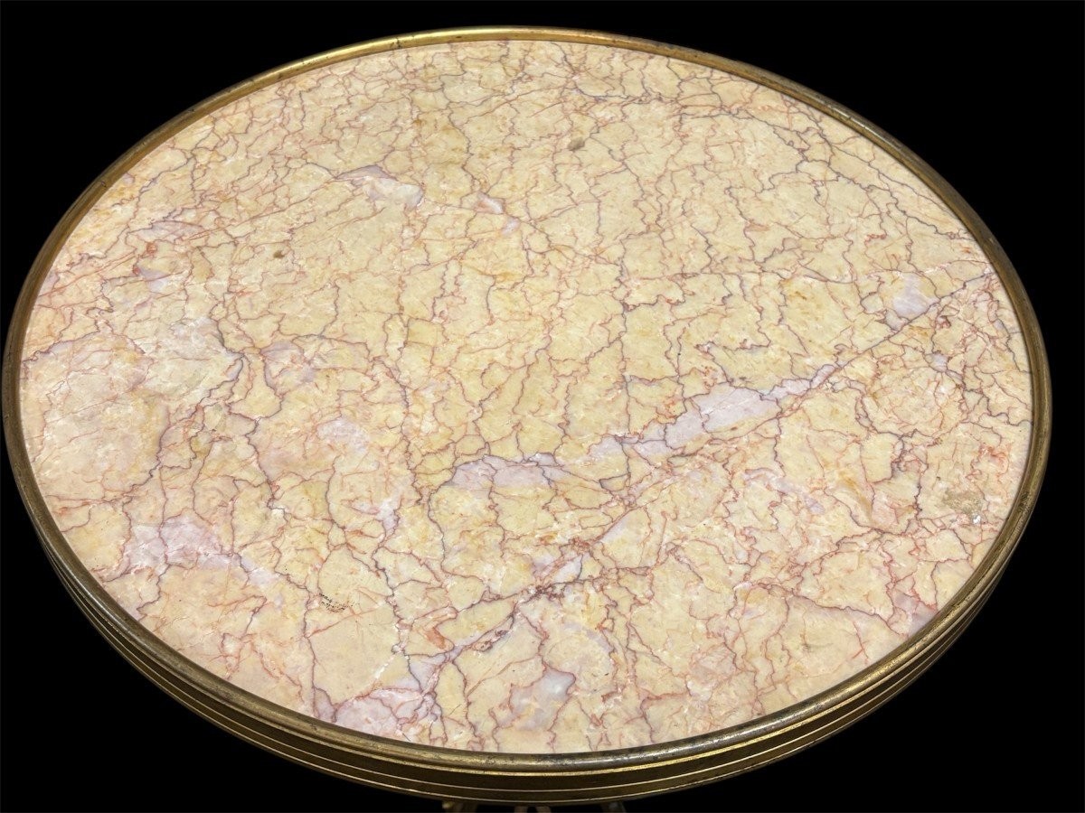 Gilded bronze pedestal table signed F. Barbedienne, 19th century. A rare, high-quality pedestal table decorated with three female figures on a base and featuring a coloured marble top. The table is signed by F. Barbedienne on the base.