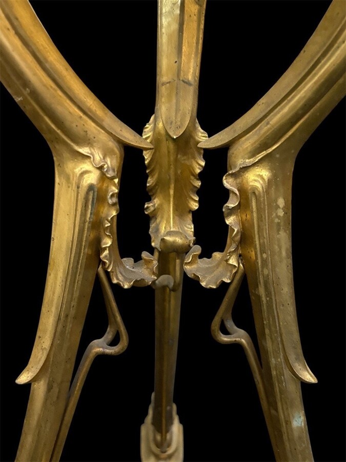 Gilded bronze pedestal table signed F. Barbedienne, 19th century. A rare, high-quality pedestal table decorated with three female figures on a base and featuring a coloured marble top. The table is signed by F. Barbedienne on the base.