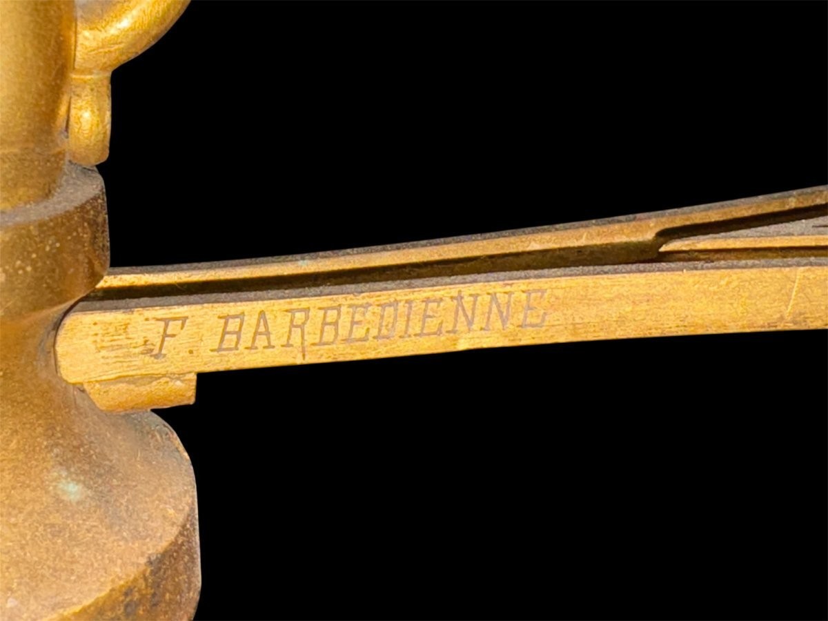 Gilded bronze pedestal table signed F. Barbedienne, 19th century. A rare, high-quality pedestal table decorated with three female figures on a base and featuring a coloured marble top. The table is signed by F. Barbedienne on the base.