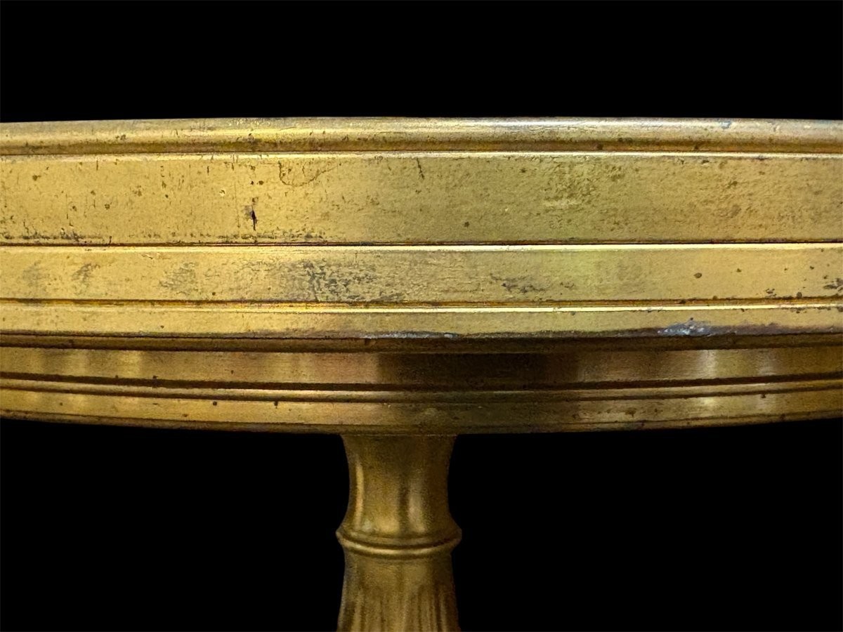 Gilded bronze pedestal table signed F. Barbedienne, 19th century. A rare, high-quality pedestal table decorated with three female figures on a base and featuring a coloured marble top. The table is signed by F. Barbedienne on the base.