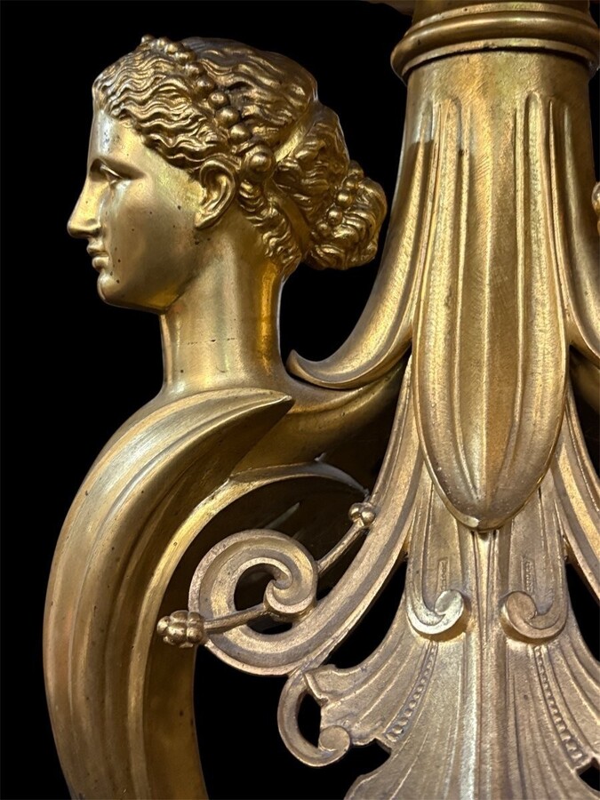 Gilded bronze pedestal table signed F. Barbedienne, 19th century. A rare, high-quality pedestal table decorated with three female figures on a base and featuring a coloured marble top. The table is signed by F. Barbedienne on the base.