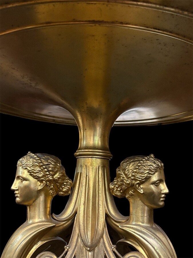 Gilded bronze pedestal table signed F. Barbedienne, 19th century. A rare, high-quality pedestal table decorated with three female figures on a base and featuring a coloured marble top. The table is signed by F. Barbedienne on the base.