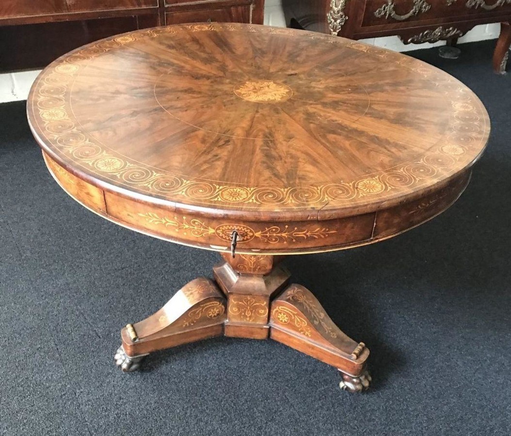 Marquetry Charles X Round Side Table, Antique Round End Table With Claw Feet